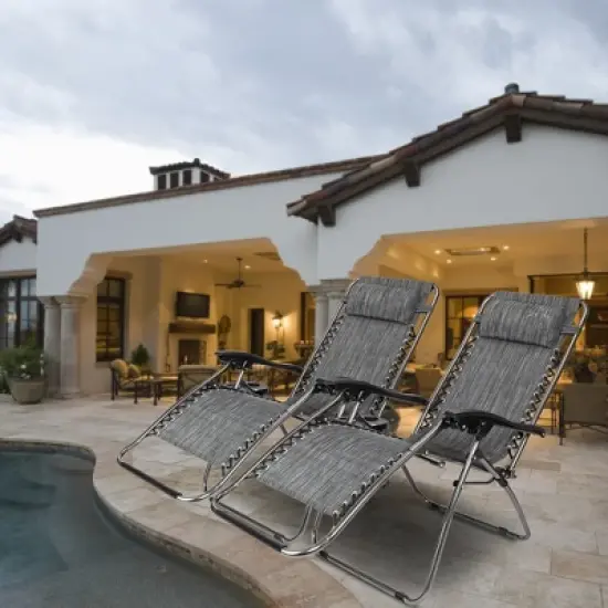 KTMBDW Set of 2 Adjustable Steel Mesh Zero Gravity Lounge Chair Recliners w/Pillows and Cup Holder Trays for Deck, Patio, Beach, Yard image {11}