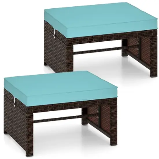 Tangkula Set of 2 Patio PE Rattan Ottomans w/ Soft Zippered Cushions for Deck Outdoor image {7}