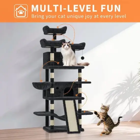 68.5in Tall Indoor Cat Tree for Large Cats, Upgraded Heavy Duty Cat Tower with Scratching Posts/Condo/Plush Perches/Hammocks/Dangling Balls image {6}