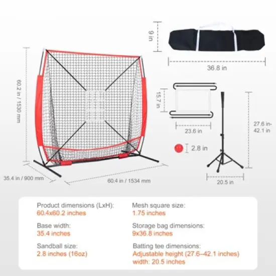 VEVOR 5x5 ft Baseball Softball Practice Net, Portable Baseball Training Net for Hitting Batting Catching Pitching, Backstop Baseball Equipment image {7}