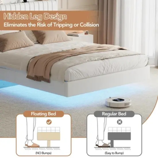 Queen Size Bed Frame with Lights & Charging Station, Upholstered Platform Bed Frame wth Storage Headboard, 50&iexcl;&plusmn; Tall Headboard, White image {6}
