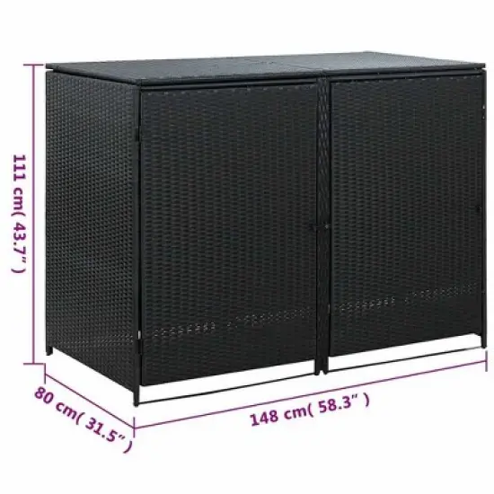 vidaXL Double Wheelie Bin Shed with Lid and Lockable Doors, Poly Rattan 31.5"x58.3"x43.7" Black image {10}