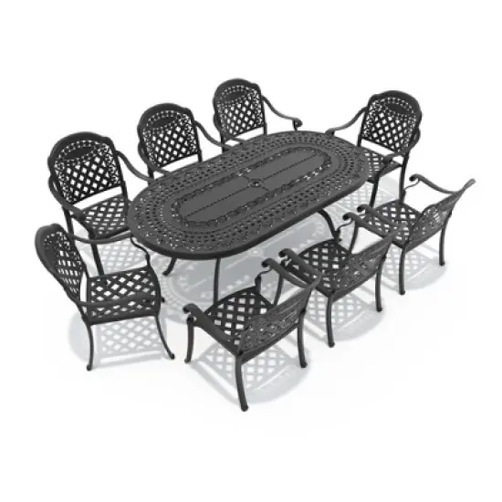 9-Piece Durable Cast Aluminum Outdoor Dining Set - Oval Table & Stackable Chairs Comfortable Red Cushions - Perfect Patio & Backyard Furniture image {2}