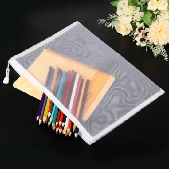 Unique Bargains Mesh Nylon Zipper Pencil Case White 6 Pcs image {4}