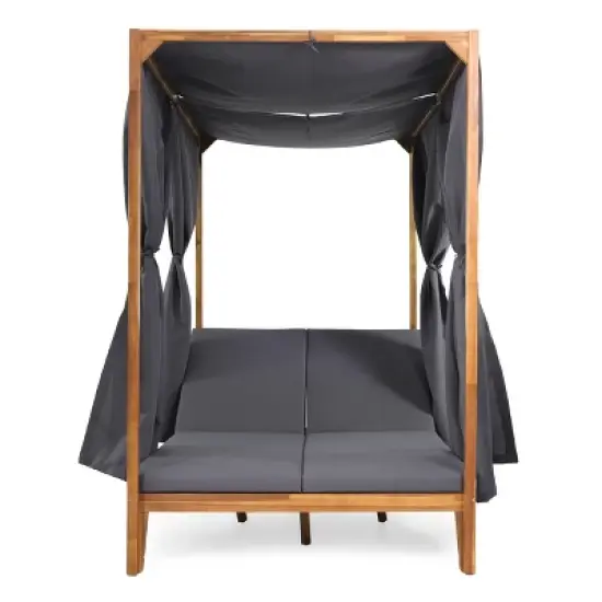 Christopher Knight Home Kinzie Outdoor Acacia Wood 2 Seater Adjustable Daybed with Curtains,Teak/Dark Gray image {10}