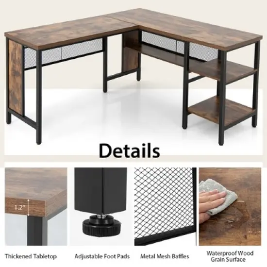 Costway Industrial L-Shaped Corner Computer Desk Office Workstation w/ Storage Shelves image {8}