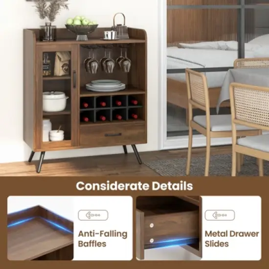 Costway  Kitchen Storage Cabinet  Sideboard with 3-Row Wineglass Holder Removable  Rack Tempered Glass Door & Anti-Tipping Kits image {6}