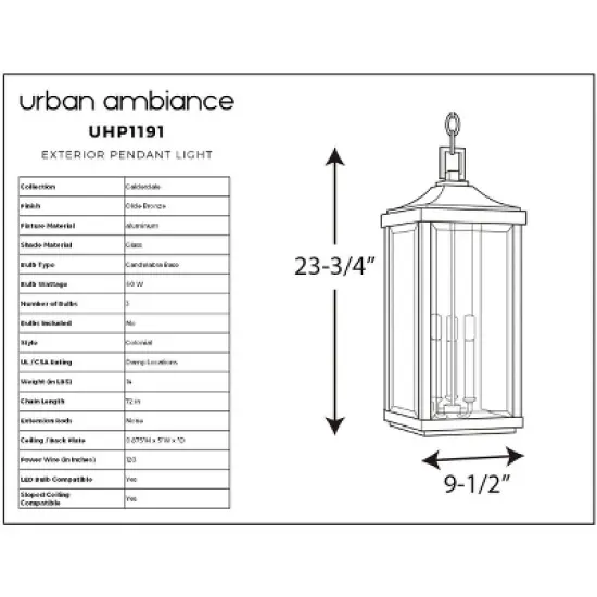 Urban Ambiance Luxury Colonial Outdoor Pendant Light,  23-3/4" x 9-1/2",  Olde Bronze Finish, UHP1191 image {6}