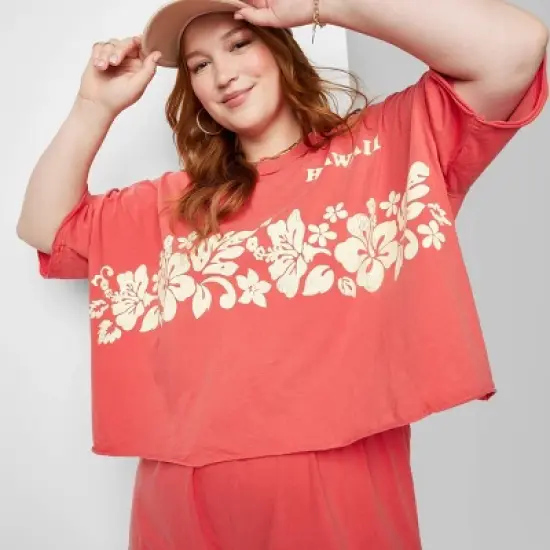 Women's Ascot + Hart Hawaii Short Sleeve Graphic Cropped T-Shirt - Red image {6}