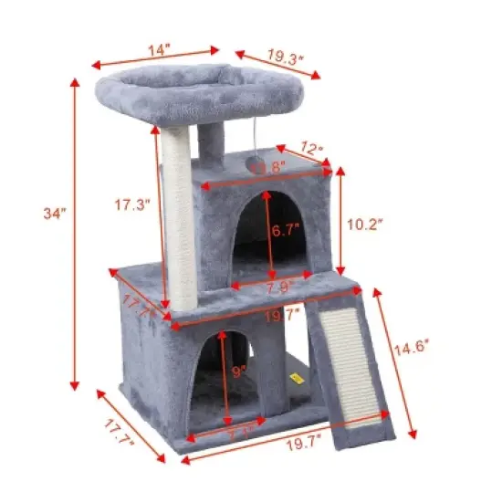 Sandinrayli 34&rdquo; H Luxury 3-Tier Kitten Cat Tree with 2 Condos, Top Perch, Scratching Posts for Playing, Napping, Jumping, Light Gray image {1}