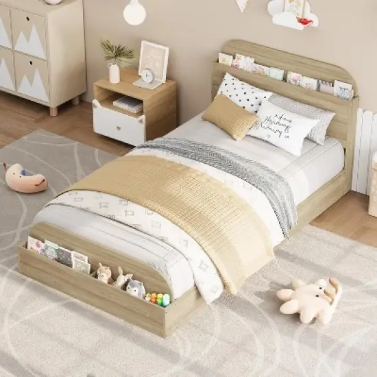 Twin Size Wood Bed Frame with Storage Headboard and Raised-Foodboard for Kid, Twin-Floor Low Platform Bed for Bedroom, No Box Spring Needed image {4}