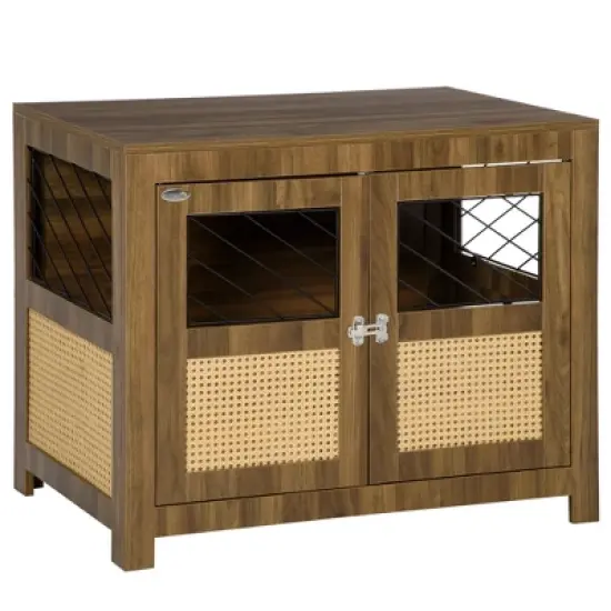 PawHut Dog Crate Furniture with Soft Cushion, Dog Crate End Table with Rattan Decoration, Dog Kennel Furniture Indoors, Walnut image {7}