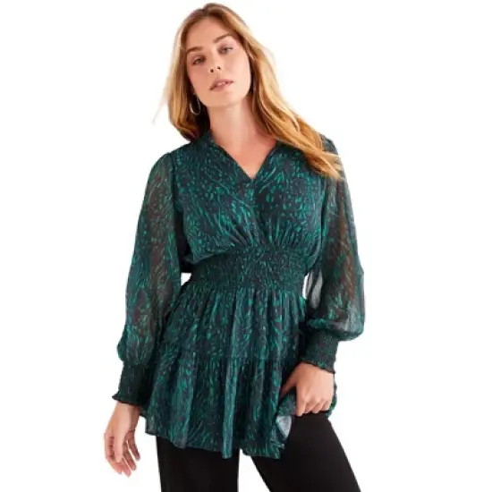 June + Vie by Roaman's Women&rsquo;s Plus Size Smocked Georgette Tunic image {7}