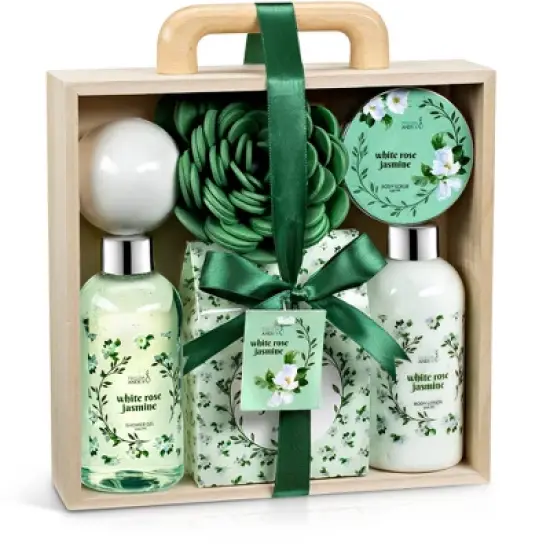 White Rose & Jasmine 7pc Spa Gift Set &ndash; Elegant Floral Bath & Body Collection in Wood Curio Box &ndash; Shea Butter & Vitamin E image {6}