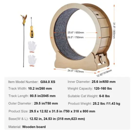 VEVOR Cat Exercise Wheel, Large Cat Treadmill Wheel for Indoor Cats, 29.5 inch Cat Running Wheel with Detachable Carpet and Cat Teaser, Beige image {7}