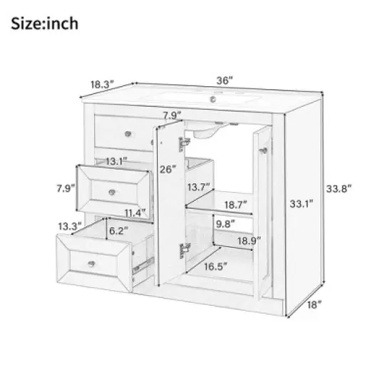 36" Single Sink Bathroom Vanity With Ceramic Basin Sink Top, Freestanding Vanity With 2 Drawers And 2 Doors image {6}
