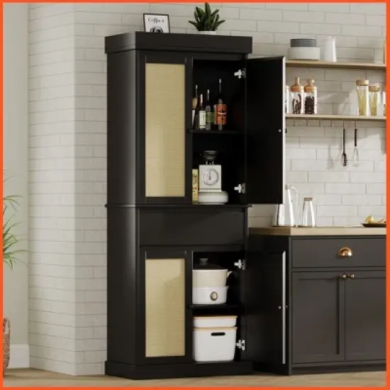 Homhougo Rustic Pantry Cabinet with Rattan Doors - 69" Tall Storage Organizer with Adjustable Shelves & Drawer Black image {8}