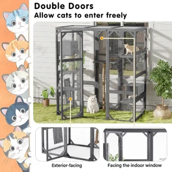 KTMBDW Outdoor Cat House, Cat Catio with Double Enter Doors, 62.8"L x 32.2"W x68.5"H Balcony Cat Playpen with Platforms and 2 Condos, Dark Gray image {2}