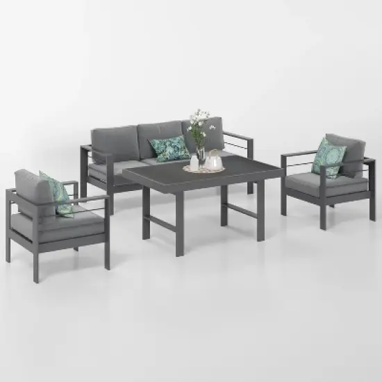 Heynemo Aluminum Patio Furniture Set, 4 Pcs Modern Outdoor Conversation Set Couch Sofa with Upgrade Cushion and Dining Table image {2}