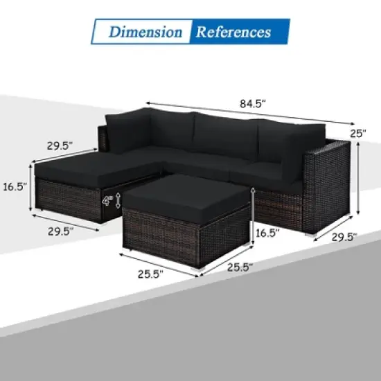 Costway 5PCS Patio Rattan Furniture Set Sectional Conversation Set Ottoman Table image {4}