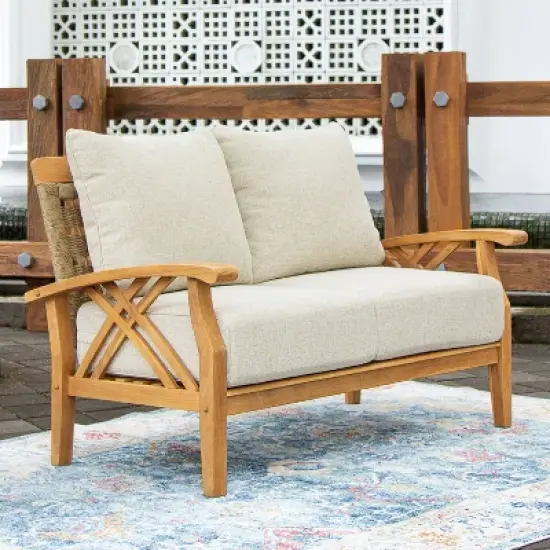Cambridge Casual Carmel Teak Wood Patio Outdoor Loveseat with Tan Cushion image {10}
