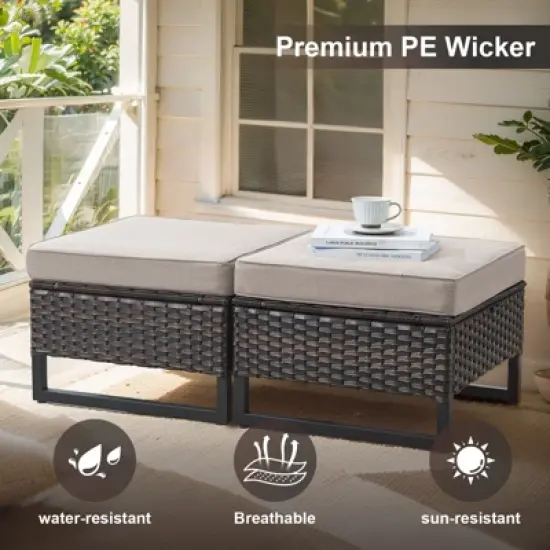 POCASSY All Weather Brown Wicker Patio Furniture Set, Outdoor Conversation Set with Swivel Chairs Set of 2 and Comfort Seat Cushion for Porch Balcony image {7}