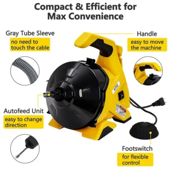 Drain Cleaner Machine 30Ft, Auto-feed Electric Drain Auger for 3/4In - 2In Pipes, Cable in Piano Wire with Foot Switch, for Sinks, Toilets image {4}