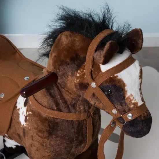 Qaba Kids Metal Plush Ride-On Rocking Horse Chair Toy With Realistic Sounds - Dark Brown/White image {7}