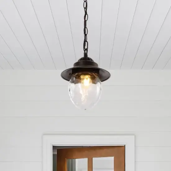 8.25" 1-Light Manteo Farmhouse Industrial Iron/Glass Outdoor LED Pendant Oil Rubbed Bronze/Clear - JONATHAN Y image {2}