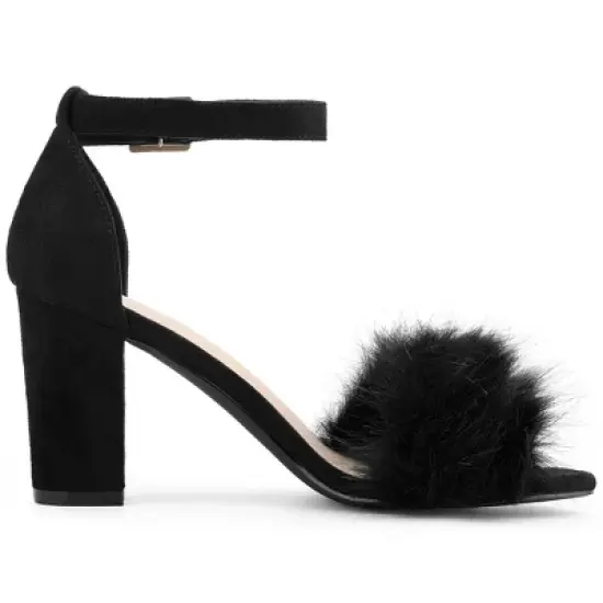 Allegra K Women's Faux Fur Ankle Strap Block Heels Sandals image {6}