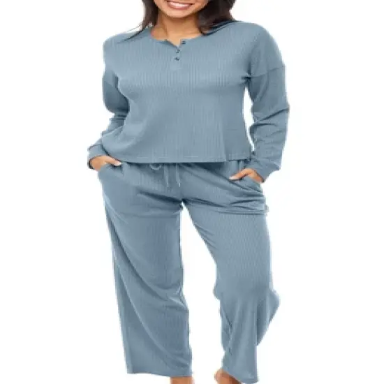 Women's Soft Ribbed Waffle Rib Knit Henley Pajamas Lounge Set, Lounge Sleeve Top and Pants with Pockets, Drawstring image {10}