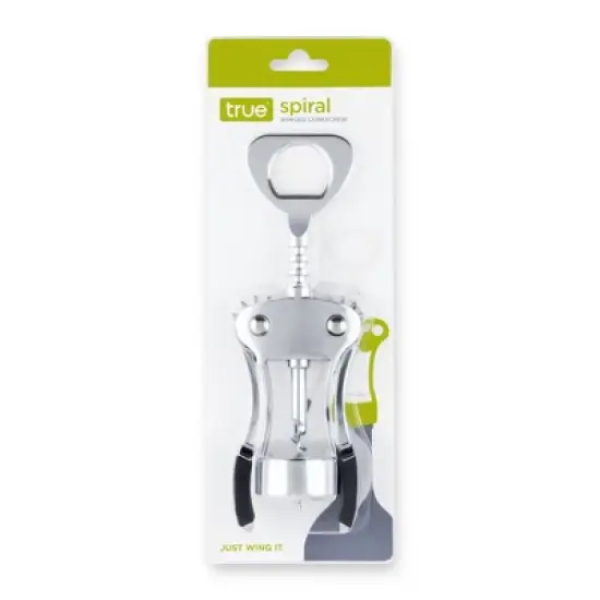 True Spiral Winged Corkscrew, Self Centering Worm, Bottle Opener, Rubber Grip Arms, Silver Finish image {3}