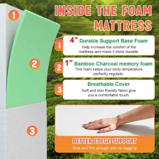 BestMassage 5 Inch Mattress Bamboo Charcoal Memory Foam Mattress Medium Firm Mattress CertiPUR-US Certified image {2}