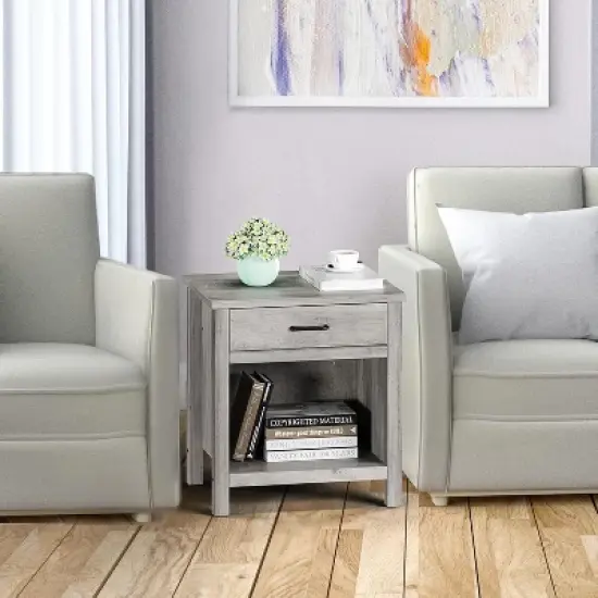 Farmhouse Nightstand, Rustic End Side Table with Drawer and Storage Shelf, Gray Night Stand Bedside Table for Bedroom, Living Room, Small Spaces image {4}