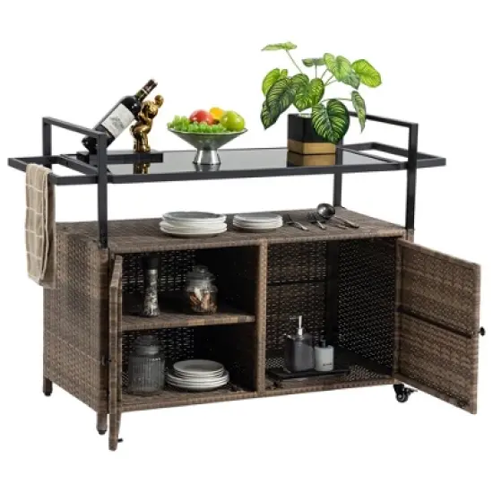 MOEPISY Outdoor Wicker Serving Carts, Patio Serving Cart with Wheels, Rolling Rattan Beverage Bar Counter Table image {13}
