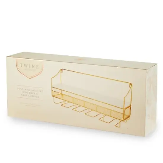 Twine Gold Wall Mounted Wine Rack, Holds 8 Standard Wine Bottles, Wood and Cast Iron, Cork Storage, Holds 5 Wine Glasses, Gold Finish image {6}