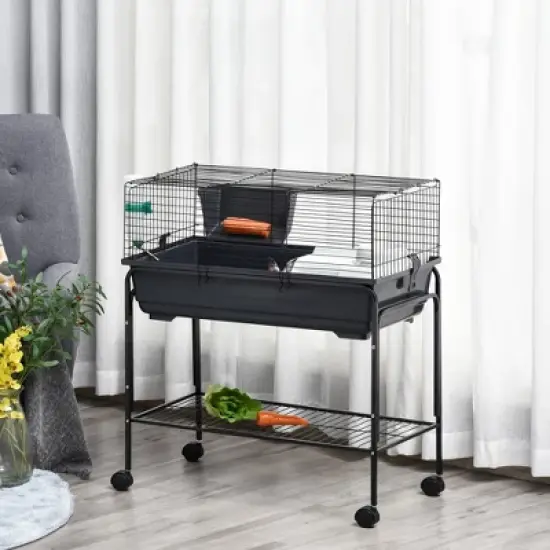 PawHut Two-Story Small Animal Cage Removable from Stand, Guinea Pig, Hedgehog, Chinchilla, Ferret, Shelf & Wheels image {2}