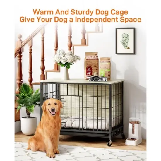 Dog Crate Furniture, 32.5'' Wooden Dog Kennel with Wheels and Double Door, Decorative Pet House with Removable Tray, Modern End Table image {1}