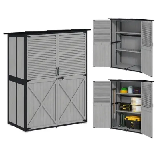 Outsunny Outdoor Storage Shed, Wooden Garden Storage Cabinet with Waterproof Asphalt Roof, 2 Shelves, Lockable Doors and Adjustable Feet image {6}