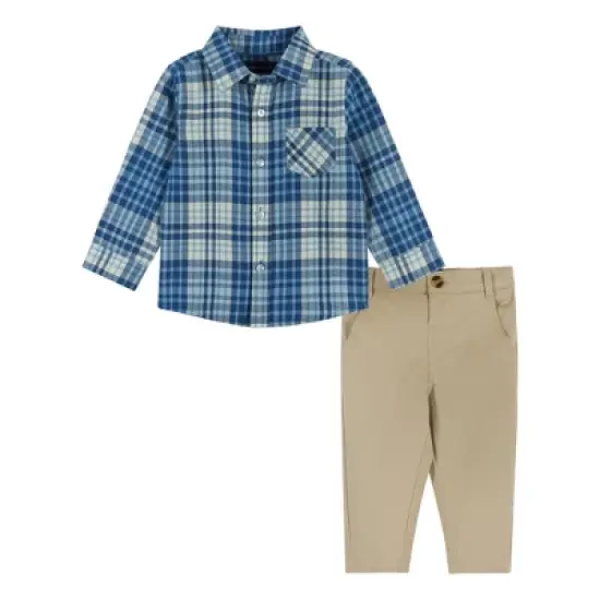 Andy & Evan  Infant  Boys Blue & Cream Plaid Ultra Soft Buttondown Set image {4}