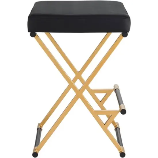55 Downing Street Metal Bar Stool Gold 25" High Mid Century Modern Black Faux Leather Cushion with Footrest for Kitchen Counter Height Island Home image {6}