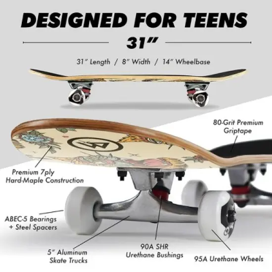 Magneto Skateboard | Maple Wood | ABEC 5 Bearings | Double Kick Concave Deck | For Beginners, Teens & Adults (Jacsen Tigerblood) image {3}