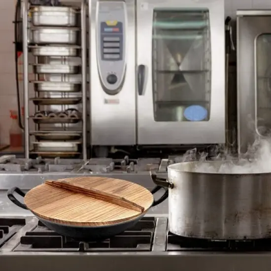 Homeries Pre-Seasoned Cast Iron Wok with 2 Handled and Wooden Lid image {3}