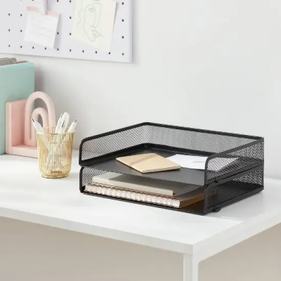 Mesh Stacking Letter Tray with Wide Side Opening Black - Brightroom&trade; image {1}