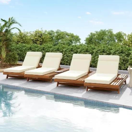 Christopher Knight Home Darla Outdoor Acacia Wood Adjustable Chaise Lounge with Water-Resistant Cushions (Set of 4) image {9}