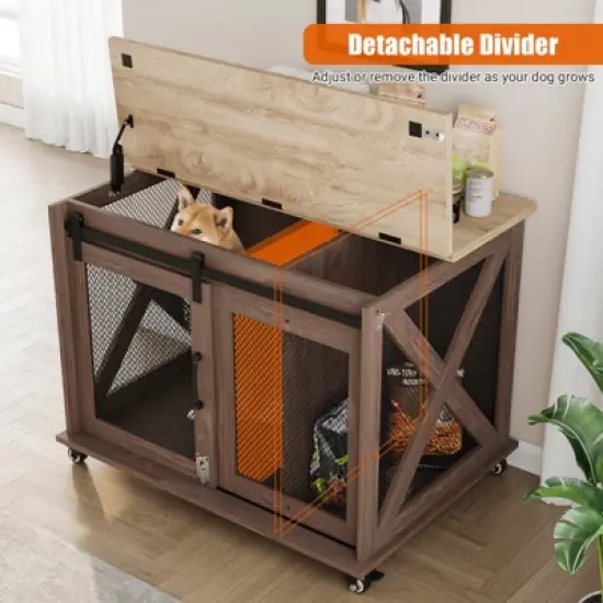 Garvee Indoor Dog Crate Furniture with Sliding Barn Door, Flip Top, Dog Crate End Table with Wheels, Removable Divider, Dog House image {6}