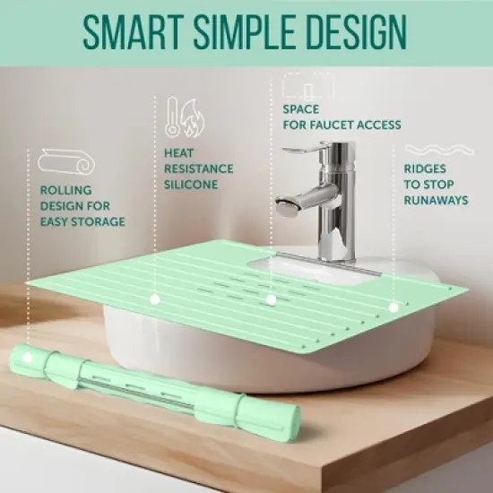 Maplefield Bathroom Foldable Sink Cover for Counter Space - Heat Resistant Silicone Mat and Rollout Over Sink Makeup Mat (Mint) image {5}
