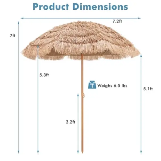 Tangkula 7.2FT Patio Hawaiian Style Hula Beach Umbrella Tropical Umbrella w/ Tilt image {6}