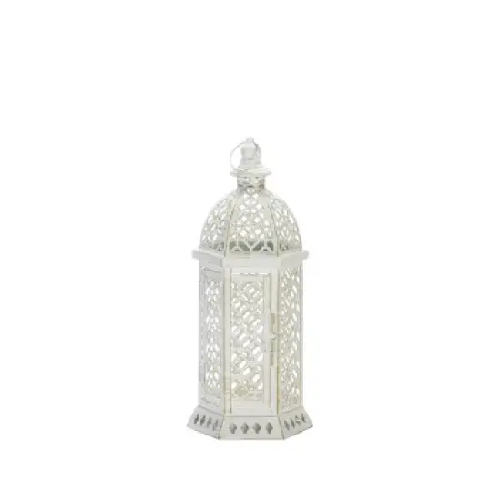 15.5" Iron Cutwork Hexagon Outdoor Lantern Off-White - Zingz & Thingz: Elegant Tabletop Candle Spike Holder image {3}