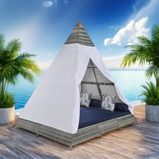 FURNIinspire Patio Chaise Lounges Patio Daybed With Cushions And Tent, Outdoor Wicker Sunbed For Backyard, Garden, Gray And Blue, 72.4&ldquo;*90.5"*102.4" image {5}